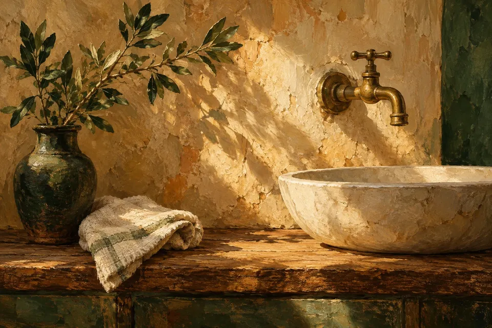 A painting of a sunlit washroom corner: a stone basin, an old brass tap, folded linen and a leafy branch.
